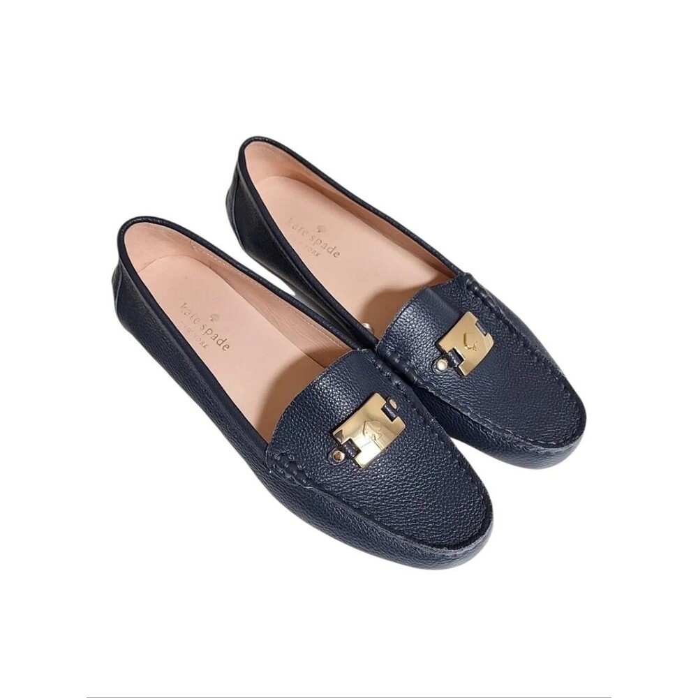 NEW Kate Spade Carmen Driving Loafer with Gold Logo in Pebbled Navy Blue Size 6